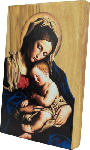Madonna and Child Icon, Virgin Mary and Baby Jesus, Holy Land Olive Wood Icon Decor, Sacred Blessed Mother Catholic Art for Home or Church Altar Table, Religious Standing Wooden Plaque