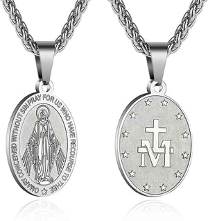 Oval Saint Christopher/Michael/Joseph/Jude/Virgin Mary/Joseph/Francis/Patrick/Anthony/Benedict/Thomas Necklace for Men Women, Stainless Steel Catholic Patron Pendant with Chain 24 Inches