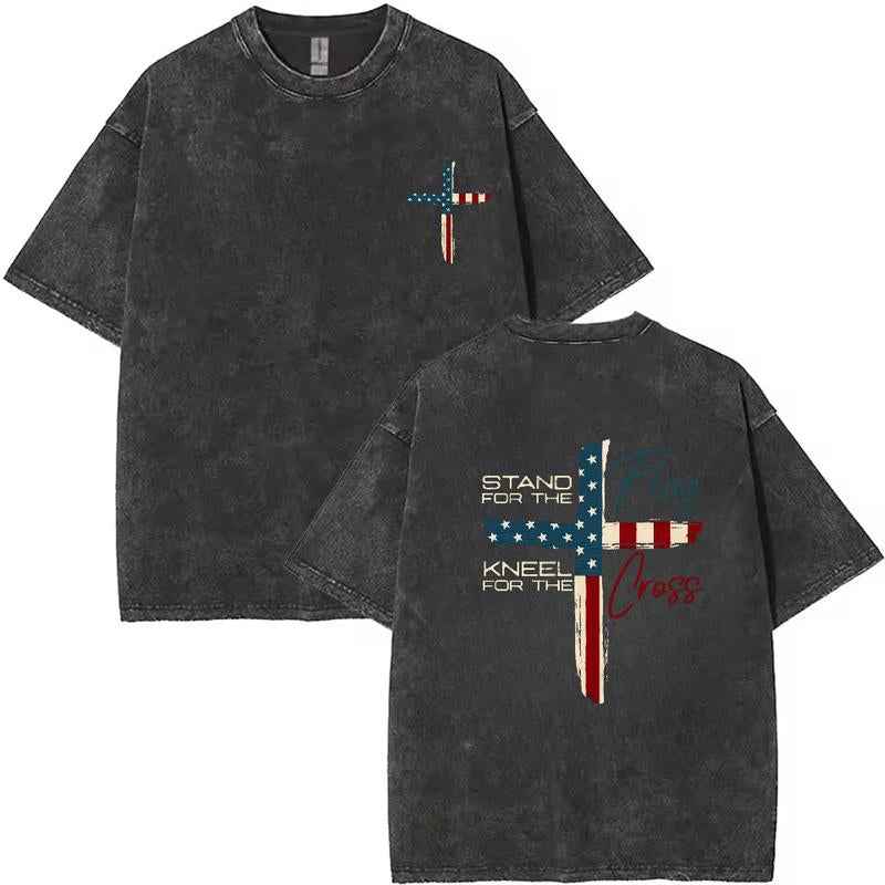 Patriotic Christian Faith T-Shirt – Stand for Flag Kneel for Cross Religious Shirt | American Pride Cross Design Tee for Men | Conservative Christian Clothing