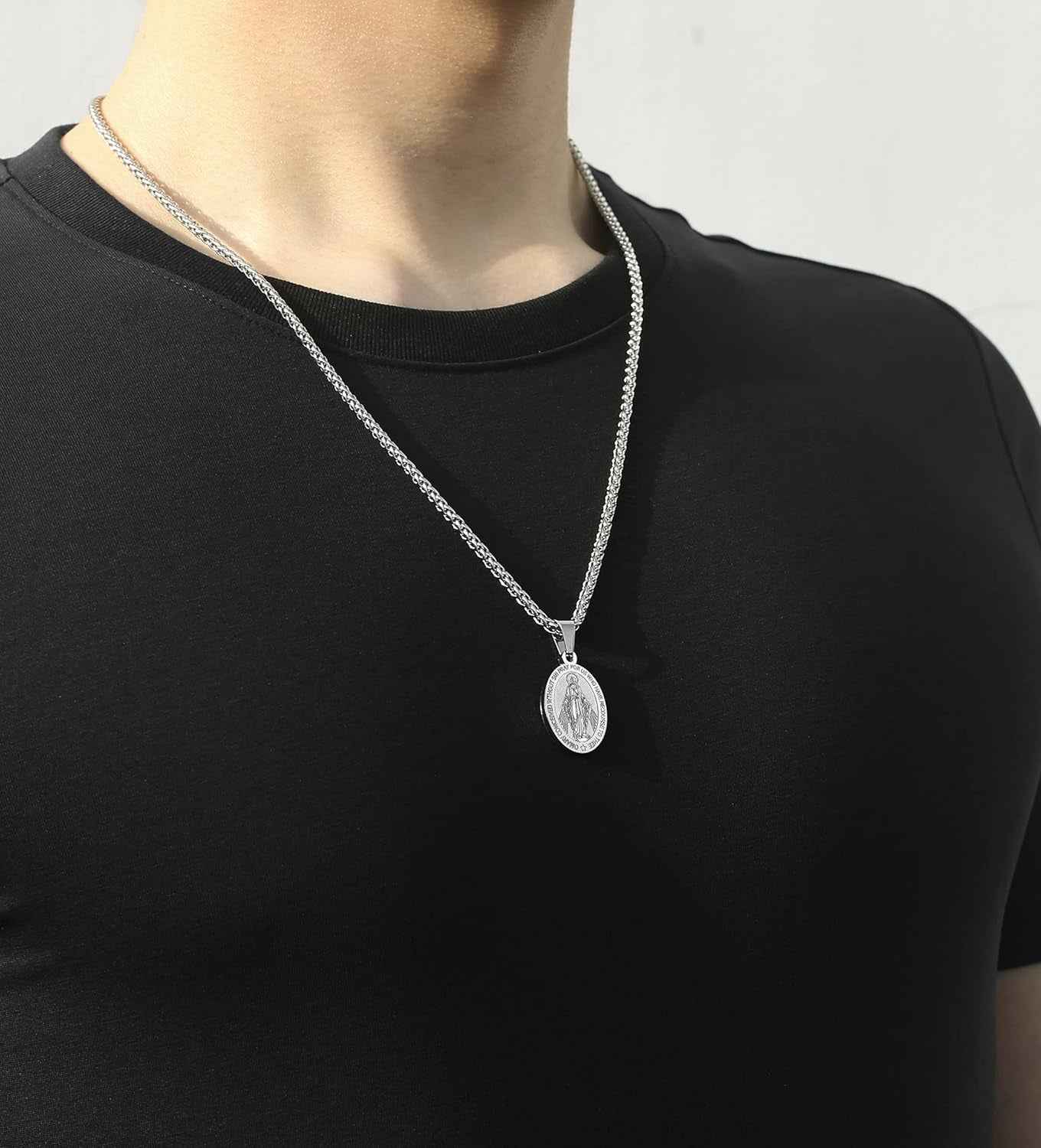 Oval Saint Christopher/Michael/Joseph/Jude/Virgin Mary/Joseph/Francis/Patrick/Anthony/Benedict/Thomas Necklace for Men Women, Stainless Steel Catholic Patron Pendant with Chain 24 Inches