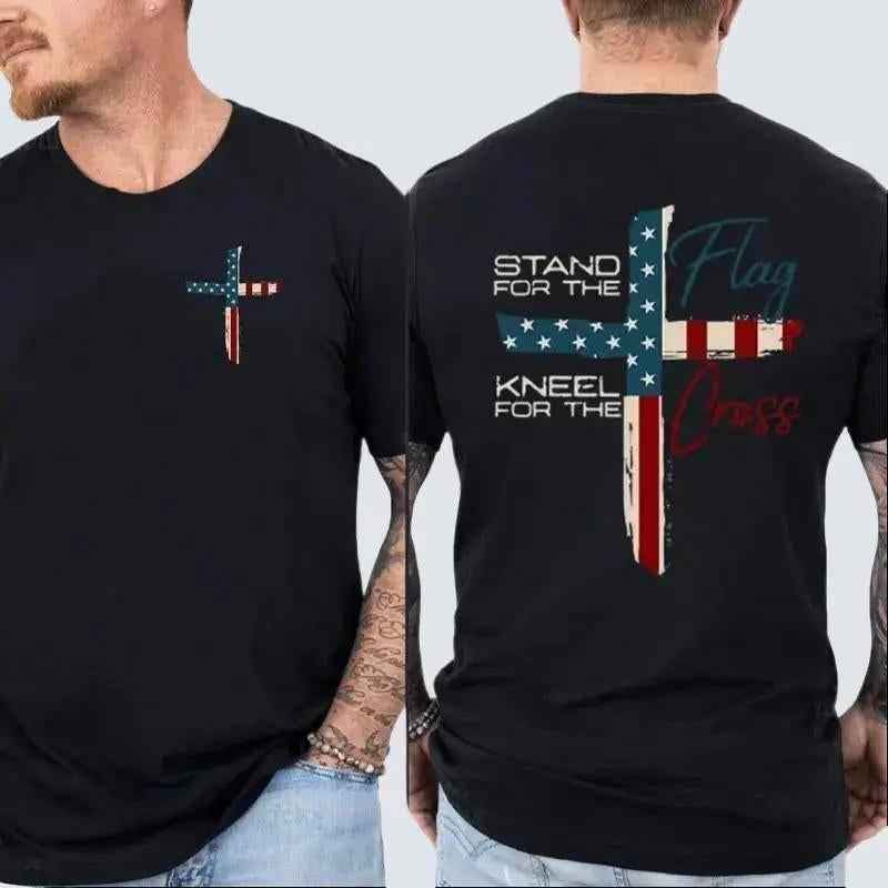 Patriotic Christian Faith T-Shirt – Stand for Flag Kneel for Cross Religious Shirt | American Pride Cross Design Tee for Men | Conservative Christian Clothing